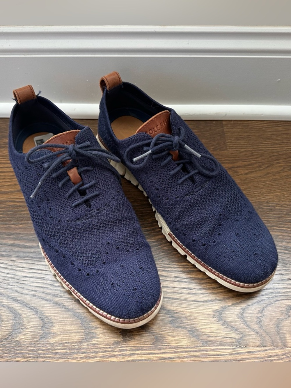 Cole Haan Navy Knit Wingtip Derby with Tan Accents